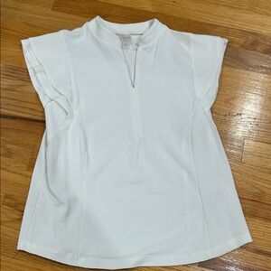 Women's White Short Sleeve Textured Zip-Neck Top